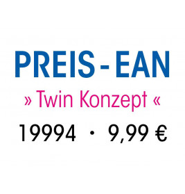 Auf weißem Hintergrund steht in Blau, Pink und Schwarz: PREIS-EAN Twin Konzept 19994 - 9,99 €.