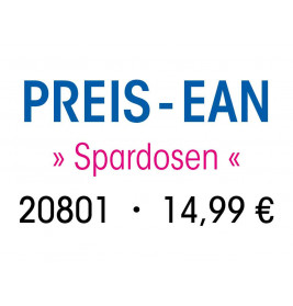 PREIS-EAN Spardosen 20801, 14,99 € in blauer, pinker und schwarzer Schrift auf weißem Hintergrund.