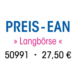 PREIS-EAN Langbörse 50991 - 27,50 € in Blau, Pink und Schwarz auf weißem Hintergrund.