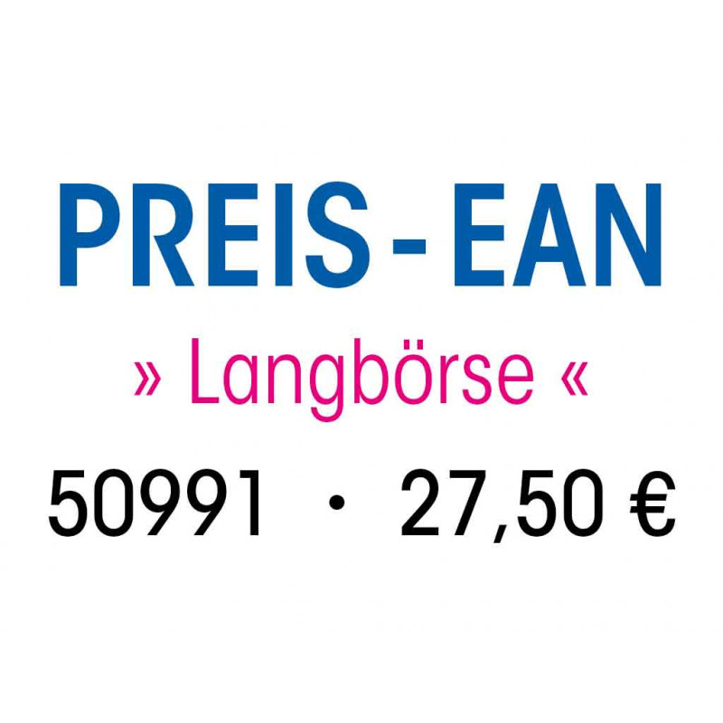 PREIS-EAN Langbörse 50991 - 27,50 € in Blau, Pink und Schwarz auf weißem Hintergrund.