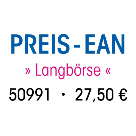 PREIS-EAN Langbörse 50991 - 27,50 € in Blau, Pink und Schwarz auf weißem Hintergrund.