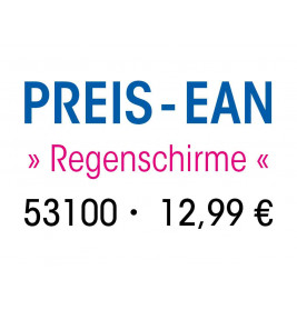 PREIS-EAN Regenschirme 53100 und Preis 12,99 € auf weißem Hintergrund.
