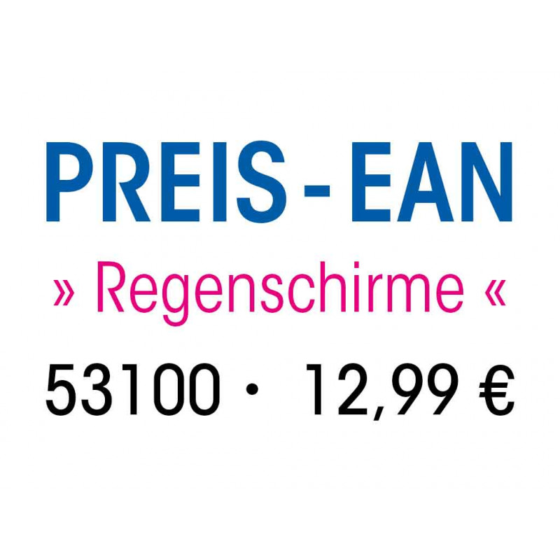 PREIS-EAN Regenschirme 53100 und Preis 12,99 € auf weißem Hintergrund.