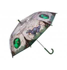 Transparenter Regenschirm mit Dinosaurier-Motiven, darunter ein T. rex und zwei grüne Cartoon-Dinosaurier.