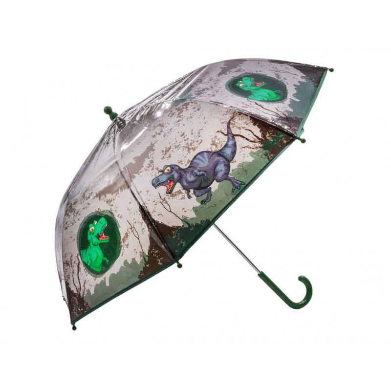 Transparenter Regenschirm mit Dinosaurier-Motiven, darunter ein T. rex und zwei grüne Cartoon-Dinosaurier.