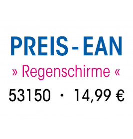 PREIS-EAN Regenschirme 53150 für 14,99 €, Schrift in Blau, Pink und Schwarz auf weißem Hintergrund.
