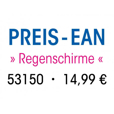 PREIS-EAN Regenschirme 53150 für 14,99 €, Schrift in Blau, Pink und Schwarz auf weißem Hintergrund.