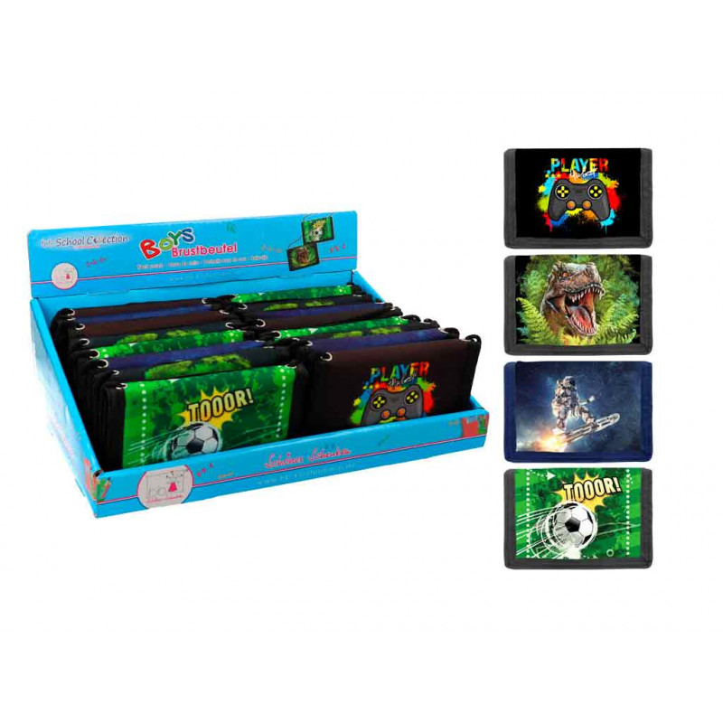 Box mit Jungen-Federmäppchen, rechts Designs: Gaming, Dinosaurier, Astronaut und Fußball.