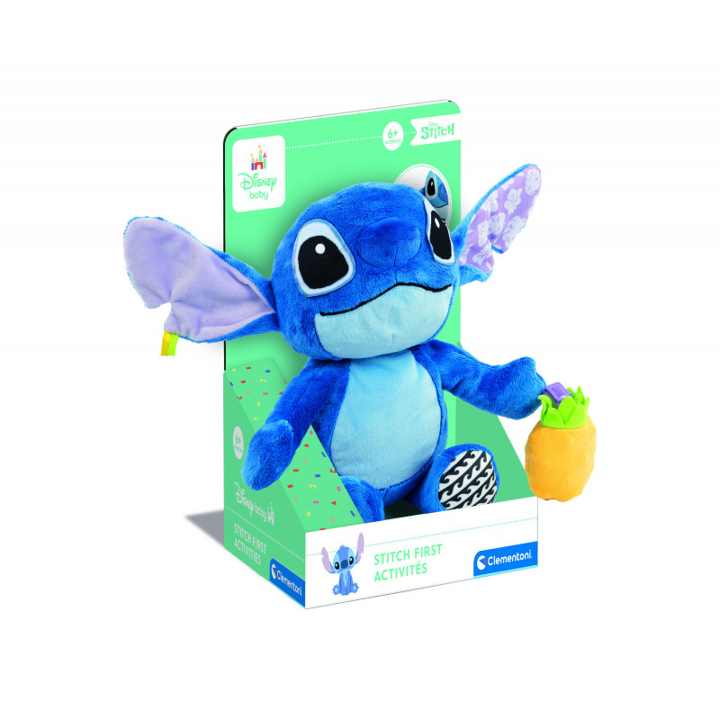 Blauer Stitch-Plüsch in Disney-Baby-Box hält Ananas, beschriftet mit Stitch First Activities.