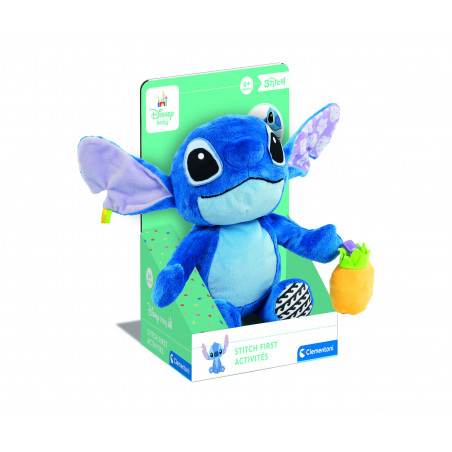Blauer Stitch-Plüsch in Disney-Baby-Box hält Ananas, beschriftet mit Stitch First Activities.