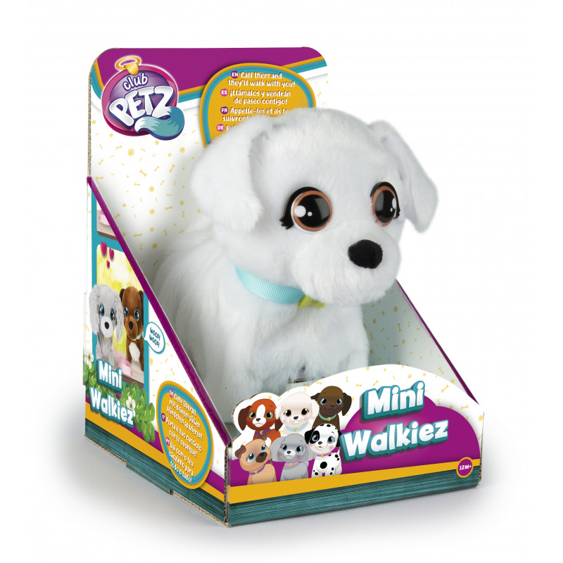 Weißer Plüschhund mit großen Augen in bunter Mini Walkiez Club Petz Verpackung. Weißer Plüschhund mit großen Augen in bunter Mini Walkiez Club Petz Verpackung.