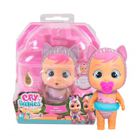 Cry Babies Magic Tears Puppe mit pinken Haaren, Katzenohren-Kapuze, Badeanzug und Schnuller in bunter Verpackung.