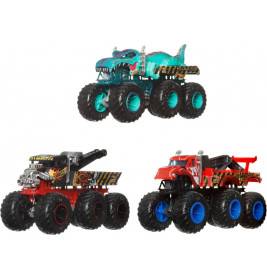 Drei bunte sechsrädrige Monstertrucks: ein türkiser Hai, ein rotes Auto und ein roter Truck mit schwarzen Akzenten.