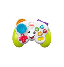 Bunter Spielzeug-Controller mit Tasten und Joysticks vor weißem Hintergrund.