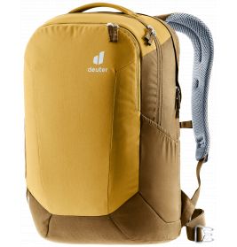 Senfgelber Deuter-Rucksack mit gepolsterten Schultergurten und mehreren Reißverschlussfächern.