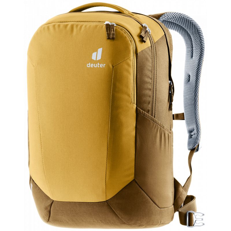 Senfgelber Deuter-Rucksack mit gepolsterten Schultergurten und mehreren Reißverschlussfächern. Senfgelber Deuter-Rucksack mit gepolsterten Schultergurten und mehreren Reißverschlussfächern.