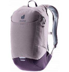 Lila Deuter Junior Bike Rucksack mit gepolsterten Trägern und Fronttasche, vor weißem Hintergrund.