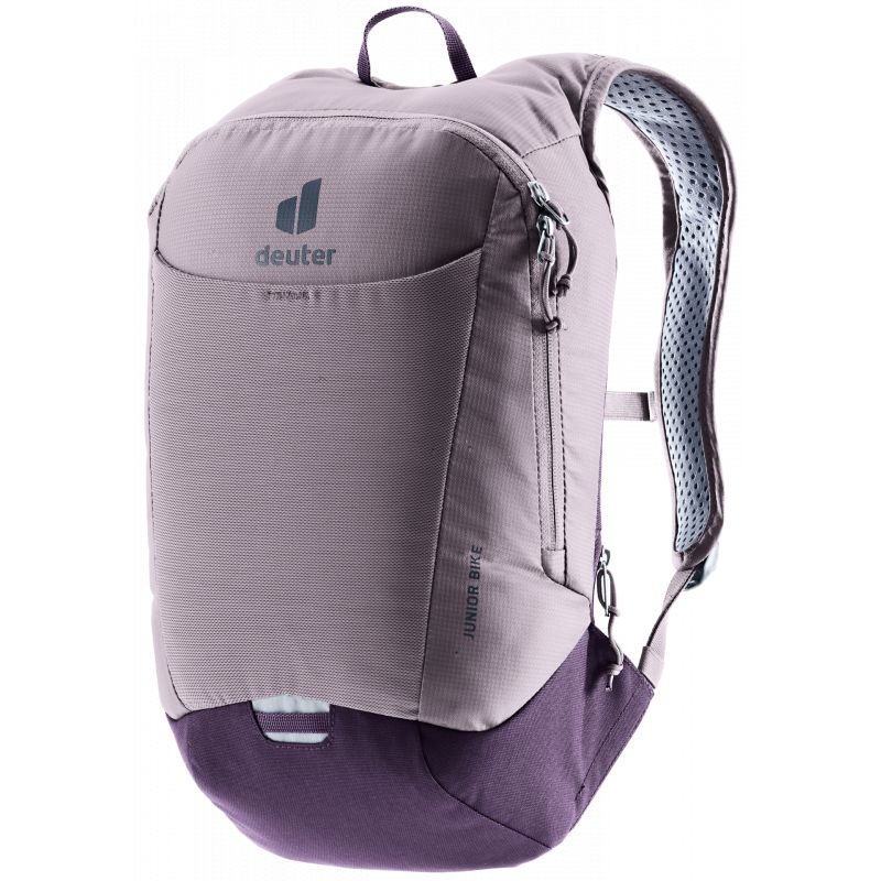 Lila Deuter Junior Bike Rucksack mit gepolsterten Trägern und Fronttasche, vor weißem Hintergrund. Lila Deuter Junior Bike Rucksack mit gepolsterten Trägern und Fronttasche, vor weißem Hintergrund.