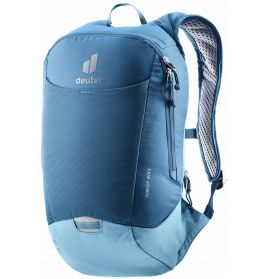 Blauer Deuter-Rucksack mit Reißverschlüssen und gepolsterten Trägern, geeignet für Rad- oder Outdooraktivitäten.