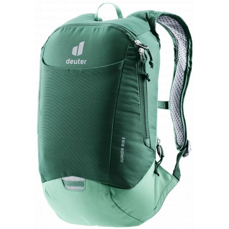 Grüner Deuter-Rucksack mit Frontreißverschluss, gepolsterten Schultergurten und dem Aufdruck JUNIOR BIKE.