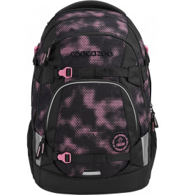 Schwarzer Rucksack mit pinkem Camouflage-Muster, Akzenten und mehreren Fächern sowie Reißverschlüssen.