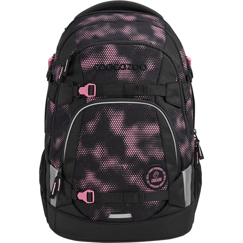 Schwarzer Rucksack mit pinkem Camouflage-Muster, Akzenten und mehreren Fächern sowie Reißverschlüssen. Schwarzer Rucksack mit pinkem Camouflage-Muster, Akzenten und mehreren Fächern sowie Reißverschlüssen.