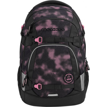 Schwarzer Rucksack mit pinkem Camouflage-Muster, Akzenten und mehreren Fächern sowie Reißverschlüssen.