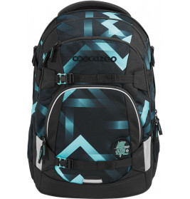 Schwarzer Rucksack mit türkisfarbenen Mustern, mehreren Fächern und Coocazoo-Logo auf der Vorderseite.