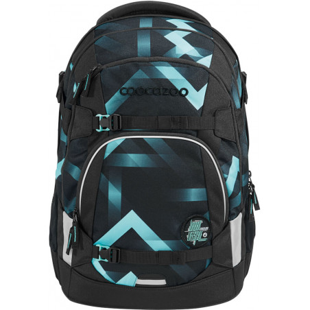 Schwarzer Rucksack mit türkisfarbenen Mustern, mehreren Fächern und Coocazoo-Logo auf der Vorderseite.