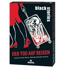 Eine Person in roten High Heels zieht einen Koffer mit Skelett darauf steht Der Tod auf Reisen.