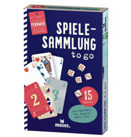Box Spielesammlung to go mit Spielkarten, Würfeln und Hinweisen auf insgesamt 15 enthaltene Spiele.