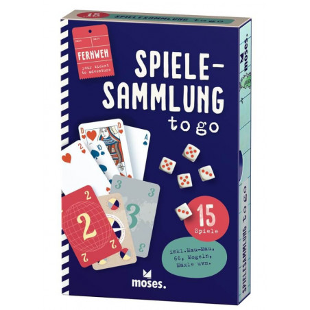 Box Spielesammlung to go mit Spielkarten, Würfeln und Hinweisen auf insgesamt 15 enthaltene Spiele.