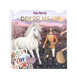 Spiralblock Miss Melody Dress Me Up Buch mit Pferd, Mädchen in Reitkleidung und Accessoire-Stickern auf dem Cover.