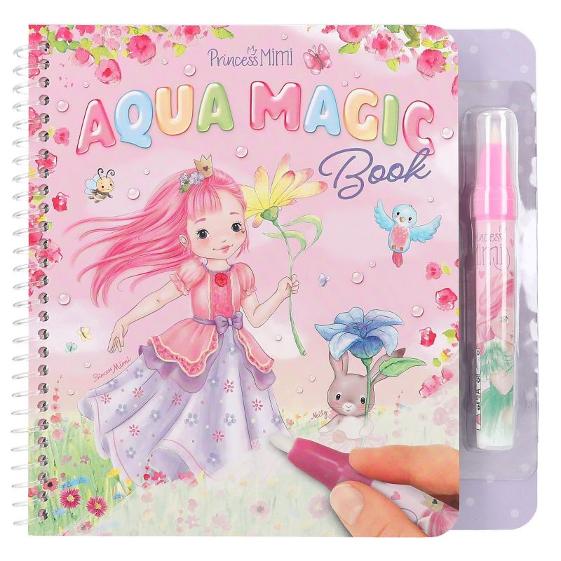 Rosa Aqua Magic Buch mit Prinzessin, Blumen, Tieren auf dem Cover und einem rosa Zauberstift an der Seite.