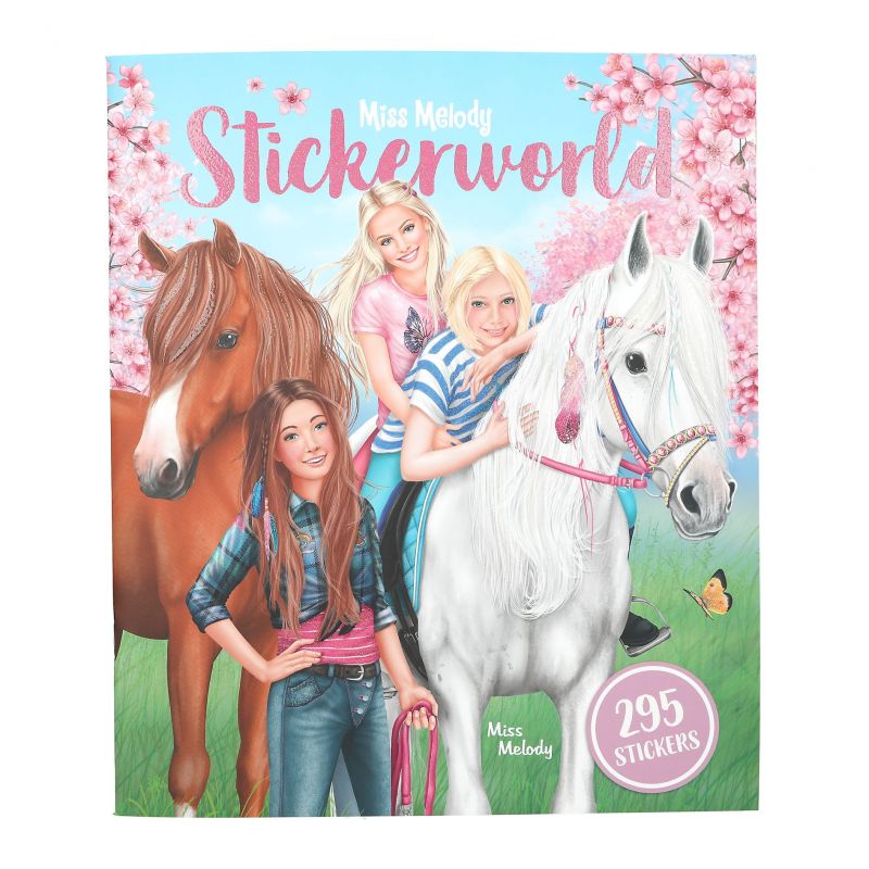 Drei Mädchen und zwei Pferde unter rosa Blüten auf dem Cover von Miss Melody Stickerworld mit 295 Stickern.