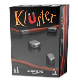 Kluster Brettspielbox mit Magnetsteinen und orangefarbener Kordel auf schwarzem Hintergrund.