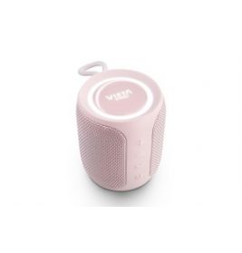 Kleiner, pinker, tragbarer Bluetooth-Lautsprecher mit Schlaufe, schräg auf weißem Hintergrund fotografiert.
