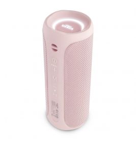 Tragbarer, pinker Bluetooth-Lautsprecher mit Mesh-Oberfläche und seitlichen Bedientasten.