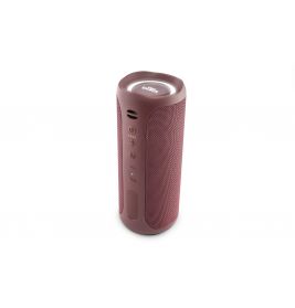 Roter, tragbarer Bluetooth-Lautsprecher steht aufrecht, seitlich befinden sich Bedientasten.