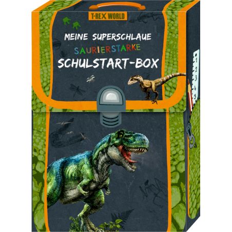 Dinosaurier-Schulbox mit deutschem Text sowie Abbildungen eines T. rex und eines weiteren Dinosauriers.