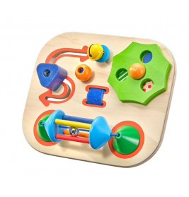 Holz-Sensorikbrett mit bunten Formen, Zahnrädern und beweglichen Elementen für Kinder zum Spielen.