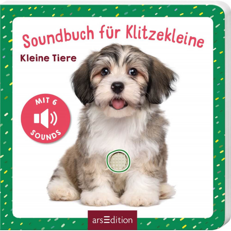 Ein flauschiger Welpe sitzt auf dem Cover eines deutschen Tiergeräuschbuchs für Kleinkinder.
