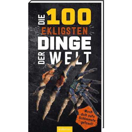 Buchcover mit Kratzspur, die Insekten zeigt, und dem Titel "Die 100 ekligsten Dinge der Welt" in Fettdruck.