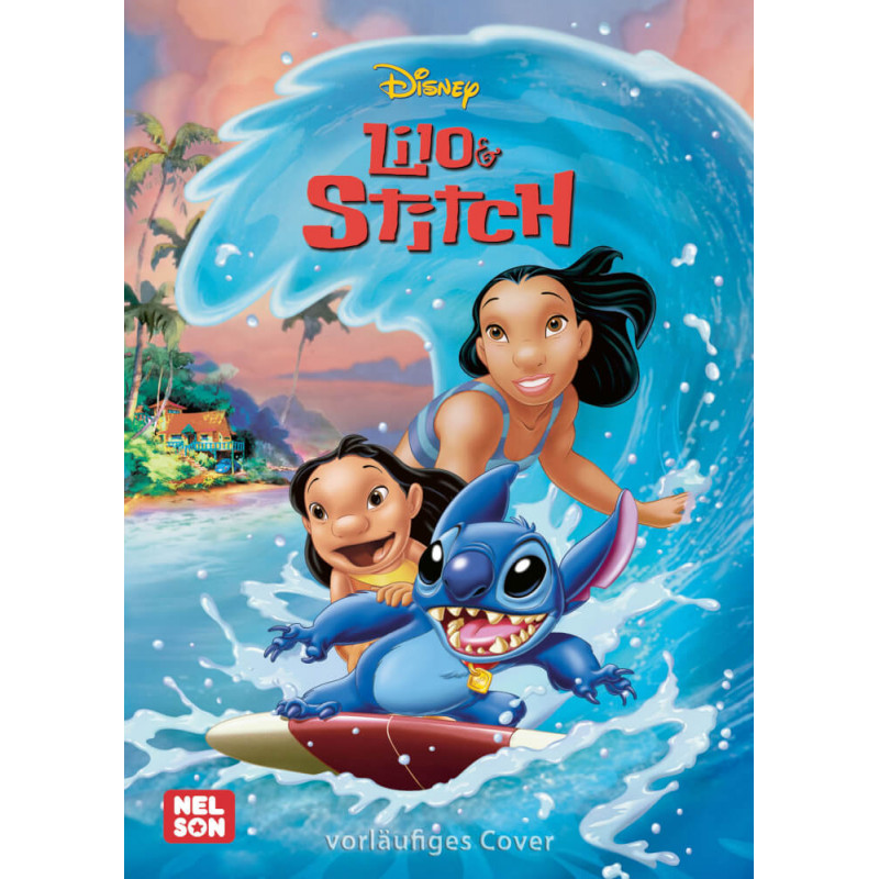 Lilo und Stitch surfen lächelnd vor tropischer Kulisse, darüber das Disney-Logo.