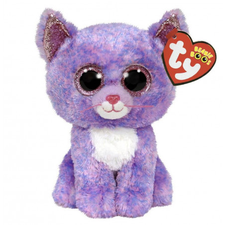 Lila Plüschkatze mit glitzernden Ohren, großen Augen, weißer Brust und Ty Beanie Boos-Tag am Ohr.