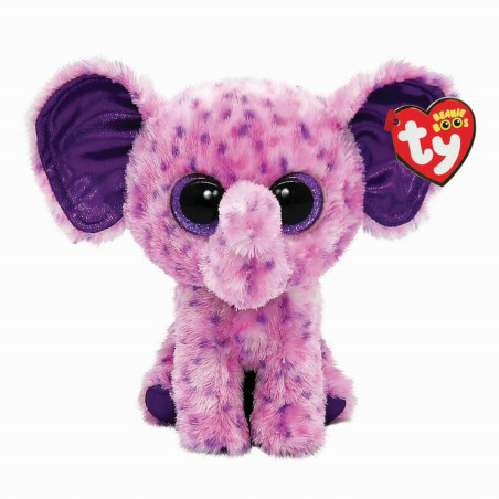 Rosa-lila gefleckter Plüsch-Elefant mit großen Augen und TY Beanie Boos Anhänger am Ohr.