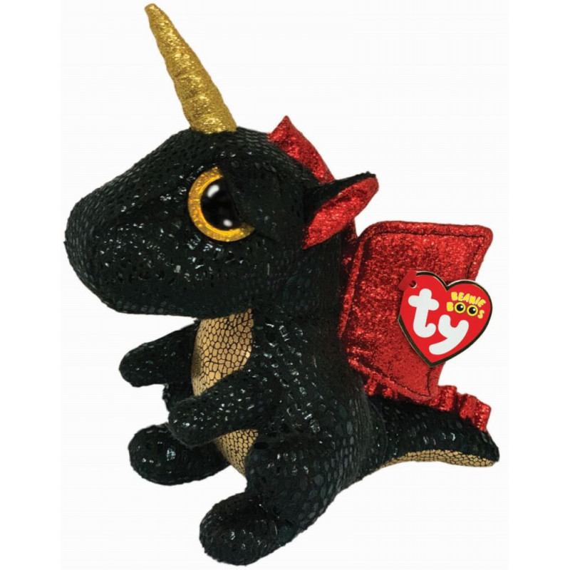 Schwarzer Plüschdrache mit goldenen Akzenten, roten Flügeln, goldenem Horn und Ty Beanie Boos Anhänger.