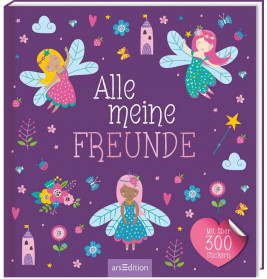 Lila Buchcover mit drei illustrierten Feen, Blumen und dem deutschen Titel Alle meine Freunde.