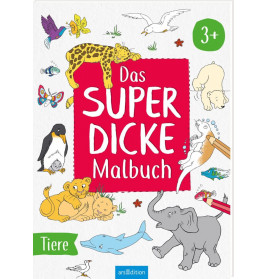 Buntes Cover eines deutschen Tier-Malbuchs mit verschiedenen Tieren und dem Titel Das super dicke Malbuch.