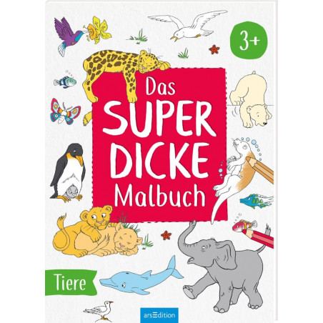 Buntes Cover eines deutschen Tier-Malbuchs mit verschiedenen Tieren und dem Titel Das super dicke Malbuch.